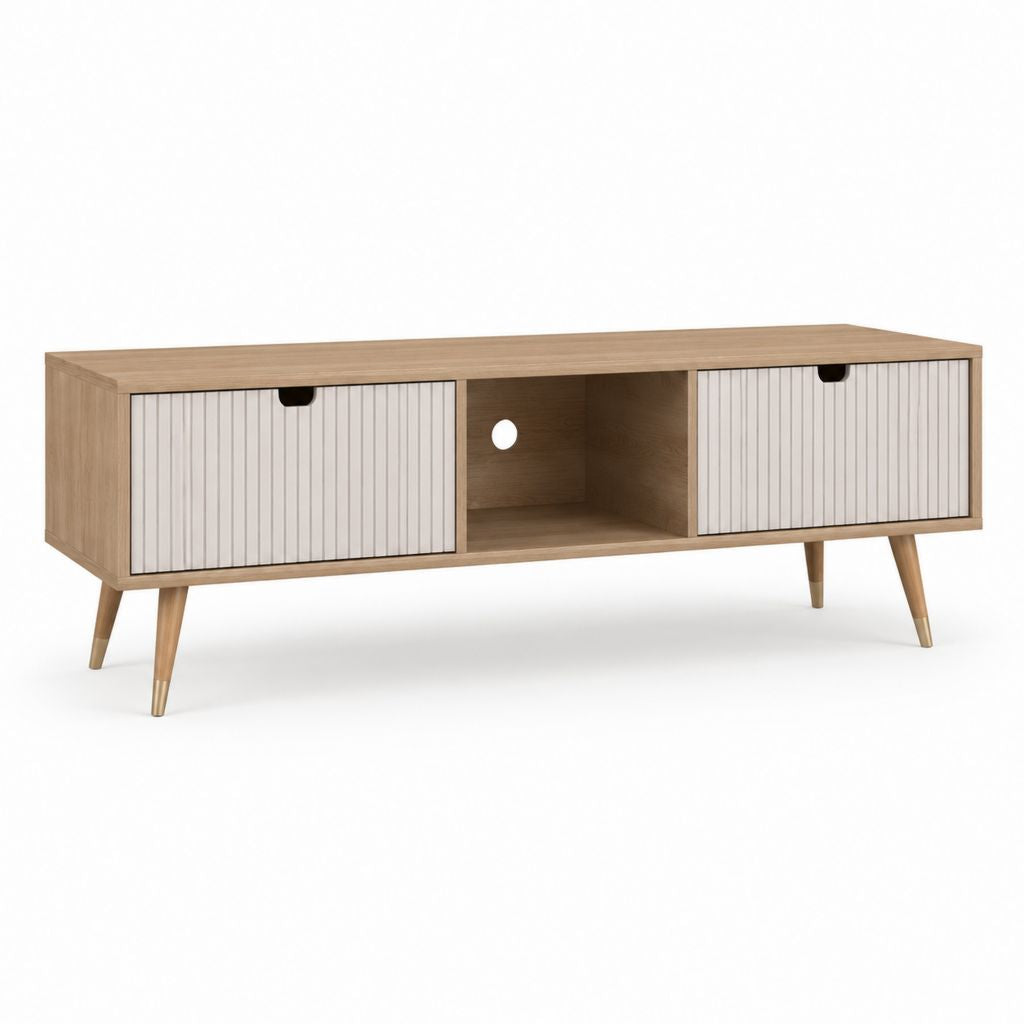 Meuble TV 140 cm beige et chêne en panneaux MDF avec 2 portes et rangement ouvert