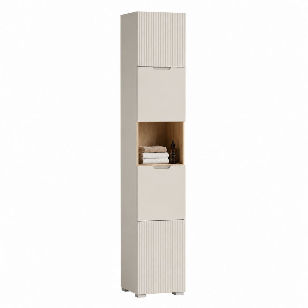 Colonne de salle de bain beige en panneaux de particules 180 x 30 x 30 cm avec niche ouverte et rangements fermés