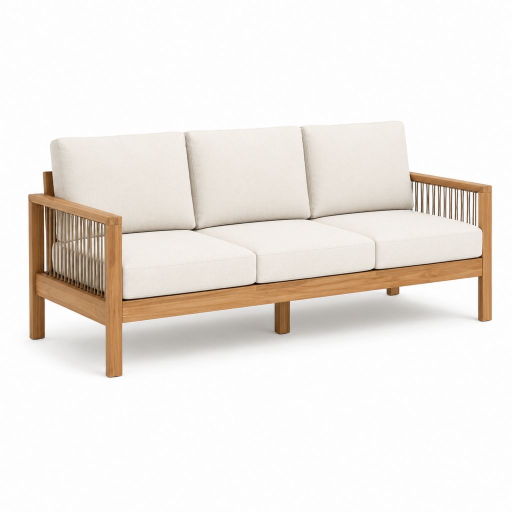 Canapé de jardin droit 3 places beige en teck massif et corde polyester 200 x 80 x 78 cm