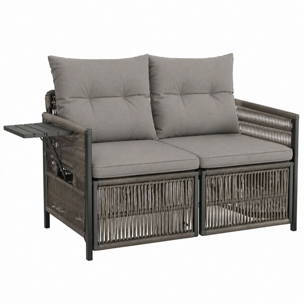 Canapé de jardin 2 places gris en aluminium et corde PE avec tablette rabattable 145 x 75 x 78 cm