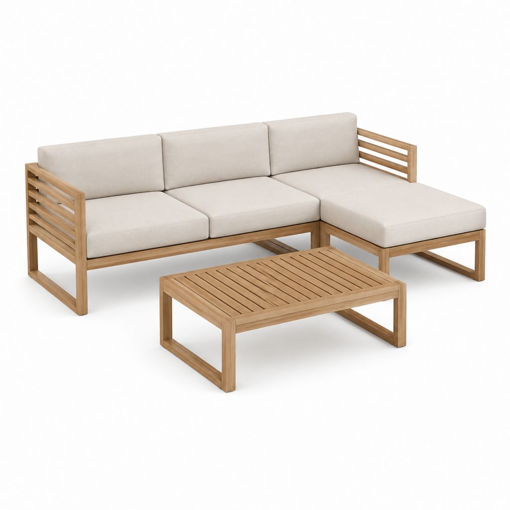 Salon de jardin d'angle 3 places en acacia massif beige avec table basse 218 x 150 cm