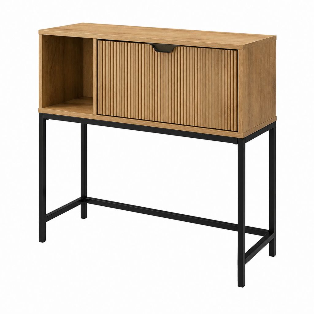Console d'entrée avec rangement chêne et noir en MDF plaqué chêne et acier 100 x 35 x 100 cm
