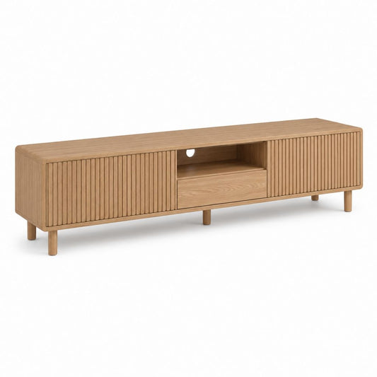 Meuble TV rectangulaire chêne clair en MDF plaqué chêne 180 x 40 x 55 cm avec 2 portes et tiroir