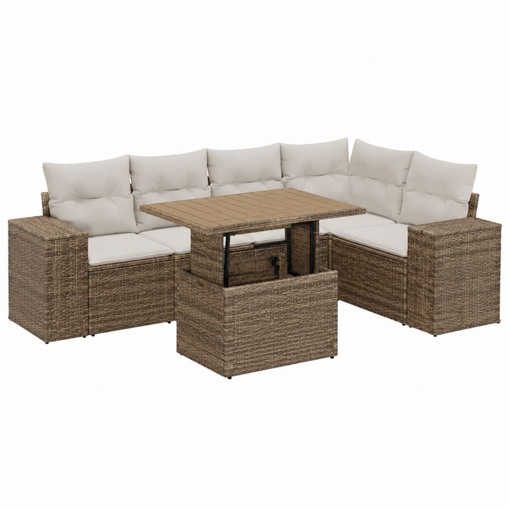 Salon de jardin d'angle 7 pièces marron en rotin PE avec coussins beige et table réglable 220 x 220 cm