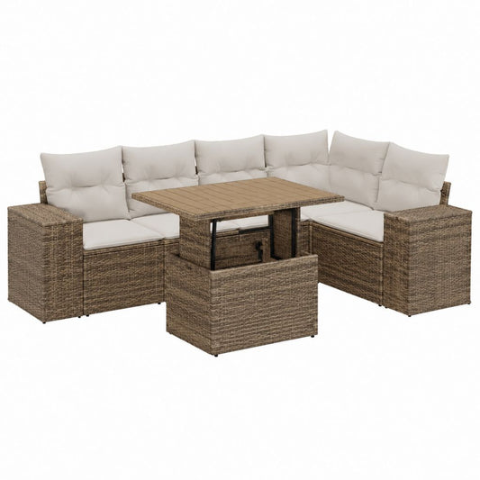 Salon de jardin d'angle 7 pièces marron en rotin PE avec coussins beige et table réglable 220 x 220 cm