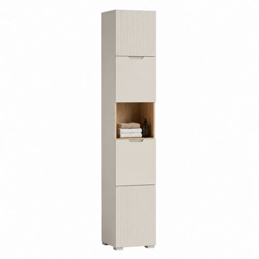 Colonne de salle de bain beige en panneaux de particules 180 x 30 x 30 cm avec niche ouverte et rangements fermés
