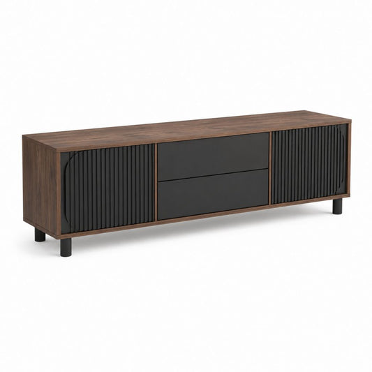 Meuble TV 180 cm noyer et noir en MDF rectangulaire avec 2 tiroirs et 2 portes coulissantes