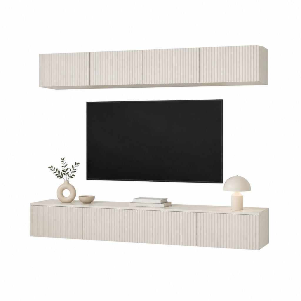 Ensemble meuble TV mural 2 éléments blanc en panneaux de particules 180 x 30 x 30 cm