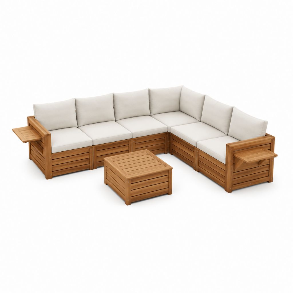 Salon de jardin d'angle 5 places en acacia massif brun avec coussins beiges et table basse 250 x 250 x 80 cm