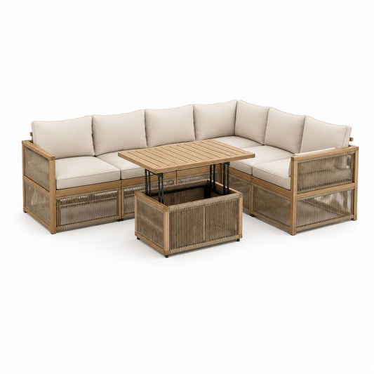 Salon de jardin d'angle 5 places beige en bois d'acacia avec table relevable 250 x 190 x 78 cm