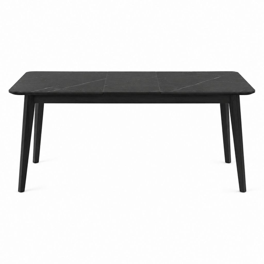 Table à manger rectangulaire noire en céramique effet marbre et bois massif 180 x 90 x 76 cm