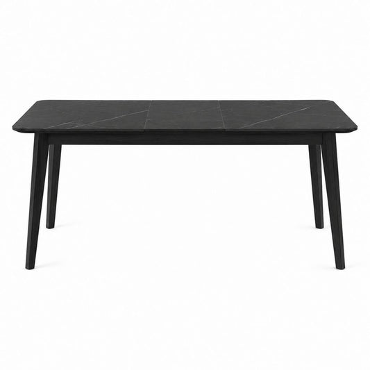 Table à manger rectangulaire noire en céramique effet marbre et bois massif 180 x 90 x 76 cm