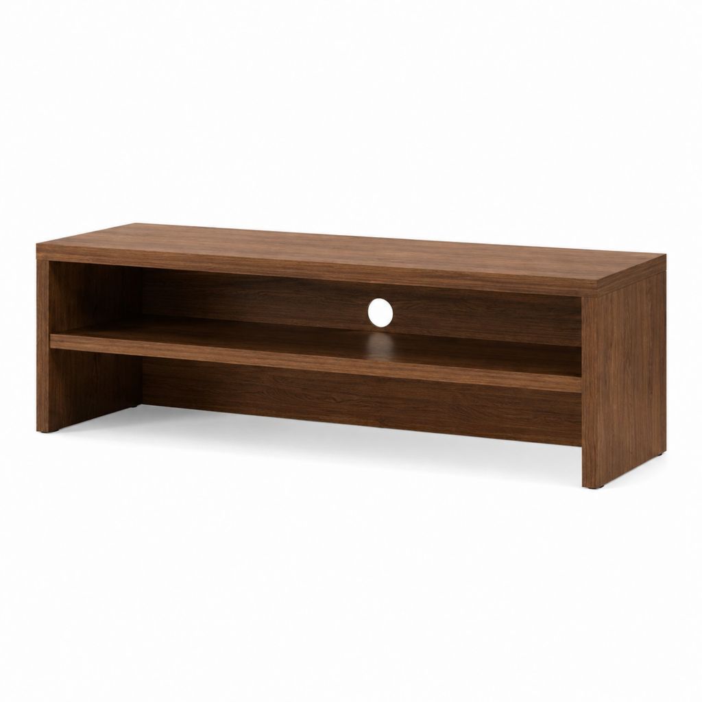 Meuble TV brun noyer en panneaux de particules mélaminés rectangulaire 120 x 40 x 45 cm avec rangement ouvert