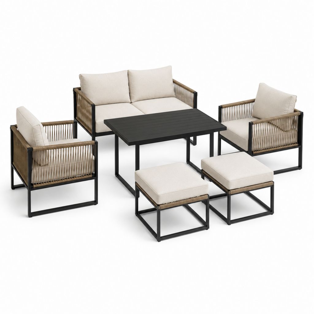 Salon de jardin 6 places avec canapé 2 fauteuils 2 repose-pieds et table basse beige noir en acier et corde PE