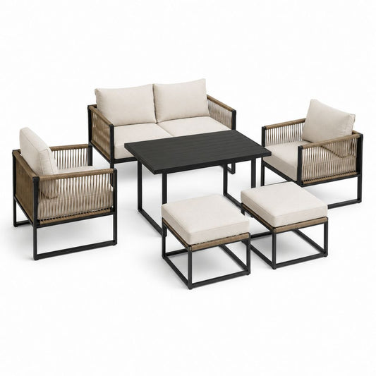 Salon de jardin 6 places avec canapé 2 fauteuils 2 repose-pieds et table basse beige noir en acier et corde PE