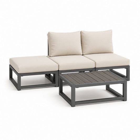 Salon de jardin 3 pièces gris anthracite et beige en aluminium avec coussins en polyester 210 x 70 x 63 cm