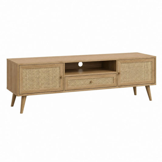 Meuble TV 160 cm effet chêne avec portes en cannage de rotin et rangement