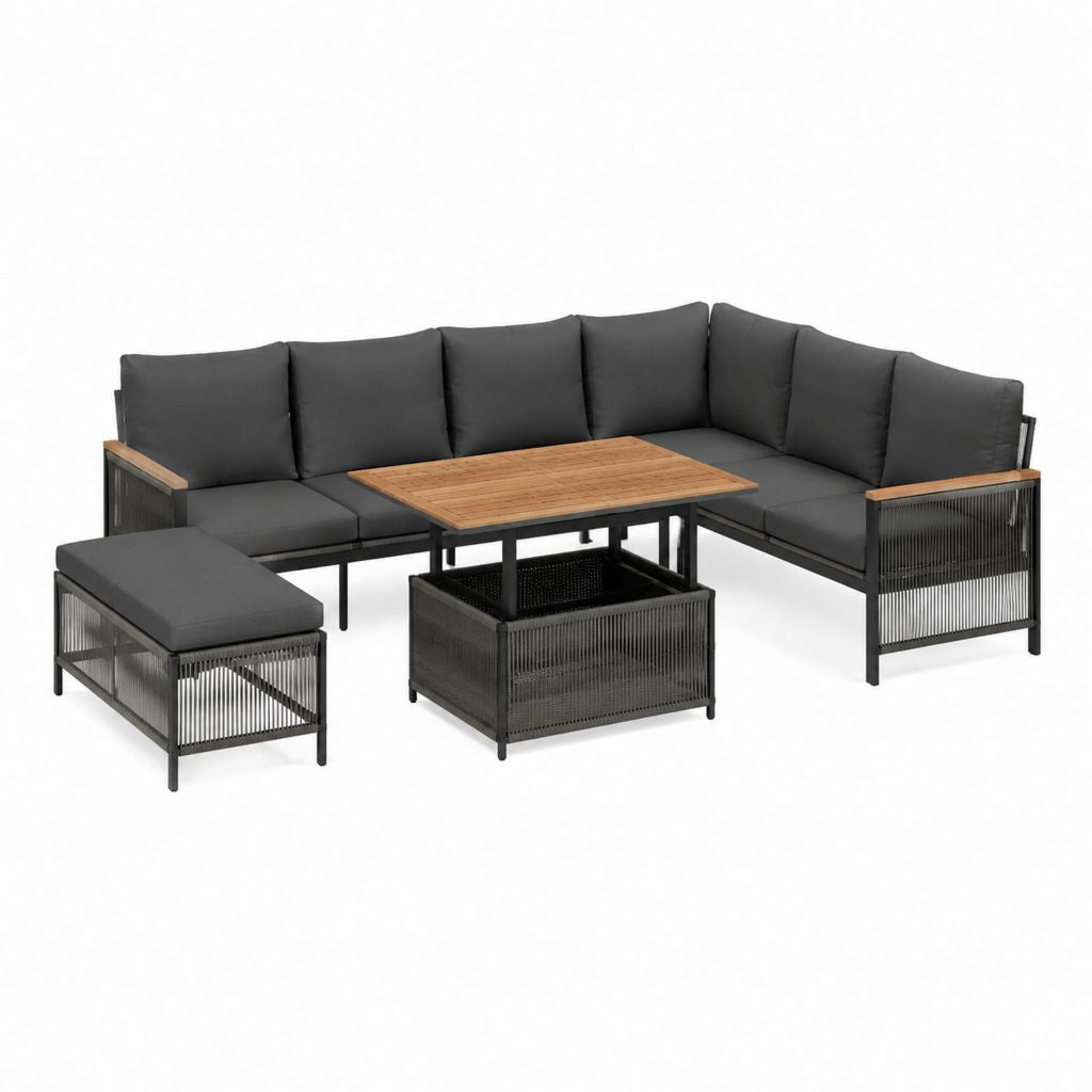 Salon de jardin d'angle 6 places noir en acier et corde PE avec table relevable en acacia 250 x 190 cm