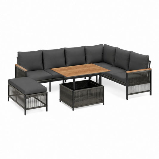 Salon de jardin d'angle 6 places noir en acier et corde PE avec table relevable en acacia 250 x 190 cm