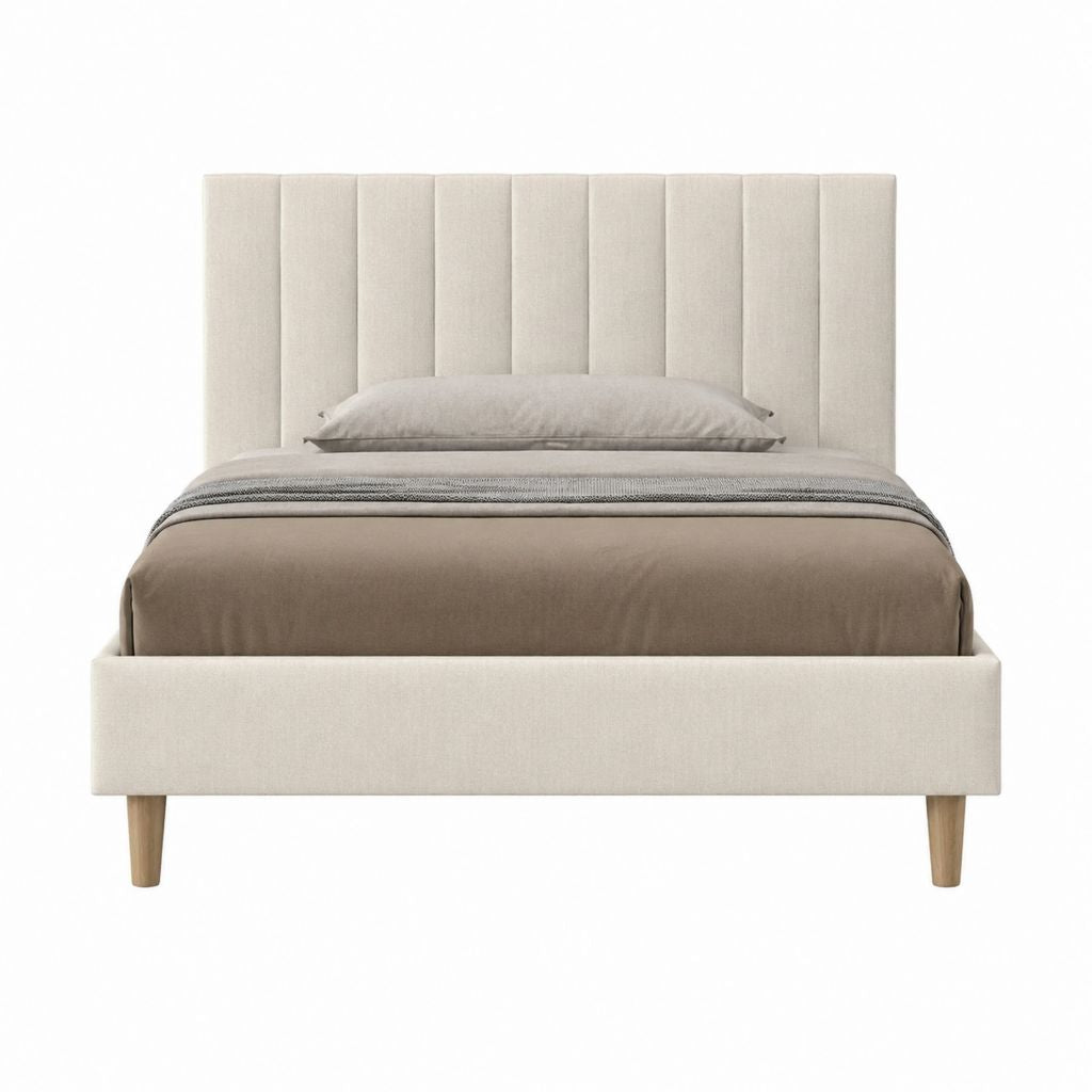 Lit coffre 160 x 200 cm beige en polyester avec tête de lit capitonnée rectangulaire