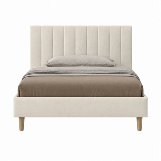 Lit coffre 160 x 200 cm beige en polyester avec tête de lit capitonnée rectangulaire