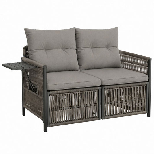 Canapé de jardin 2 places gris en aluminium et corde PE avec tablette rabattable 145 x 75 x 78 cm