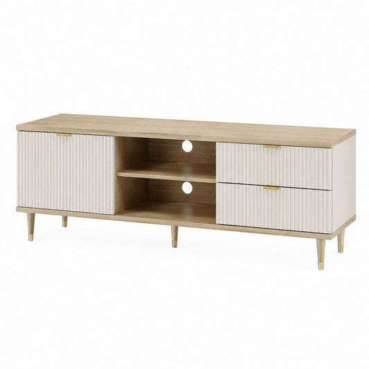 Meuble TV 140 cm beige et chêne en panneaux de particules avec rangement
