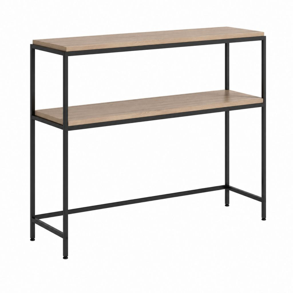 Console d'entrée 2 niveaux marron chêne et noir en panneaux de particules et acier 100 x 35 x 80 cm