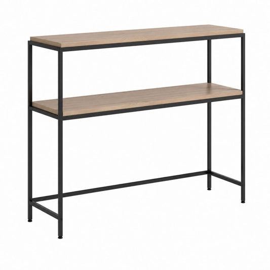Console d'entrée 2 niveaux marron chêne et noir en panneaux de particules et acier 100 x 35 x 80 cm