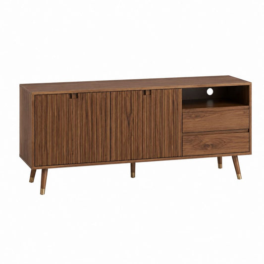 Meuble TV bas brun noyer en MDF rectangulaire avec 2 portes 2 tiroirs et passe-câbles 160 x 40 x 75 cm